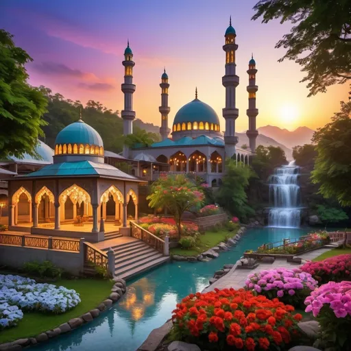 Prompt: beautiful light up multi storey mosque, with gazebos,floral gates, colorful flowers,beautiful light up garden,creeks,waterfall,hill,beautiful dawn sky