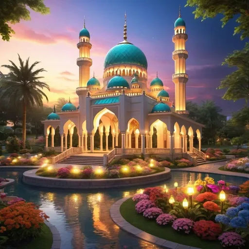 Prompt: beautiful colorful light up big mosque with many domes,beautiful garden of colorful flowers,beautiful colorful light in garden,creeks,waterfall,greenery, beautiful evening sky,gazebo,garden lantern,light up color light garden,realistic rendering,light up garden