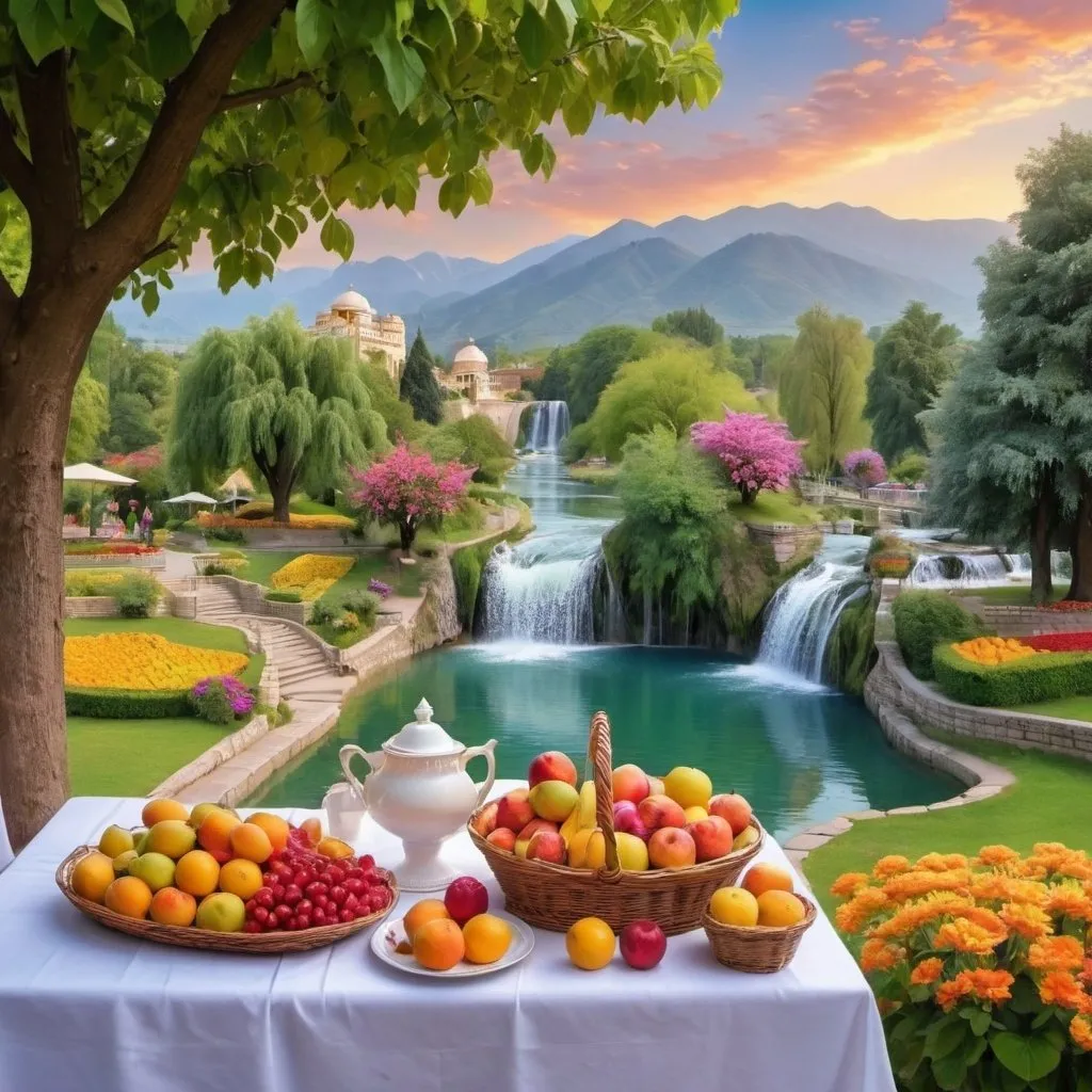 Prompt: beautiful gardens with colourful flowers, rivers of milk, beautiful mountain, beautiful palace of gold, beautiful evening sky, beautiful trees, fruit trees, beautiful water fall, beautiful tables with food spread,basket of fruits