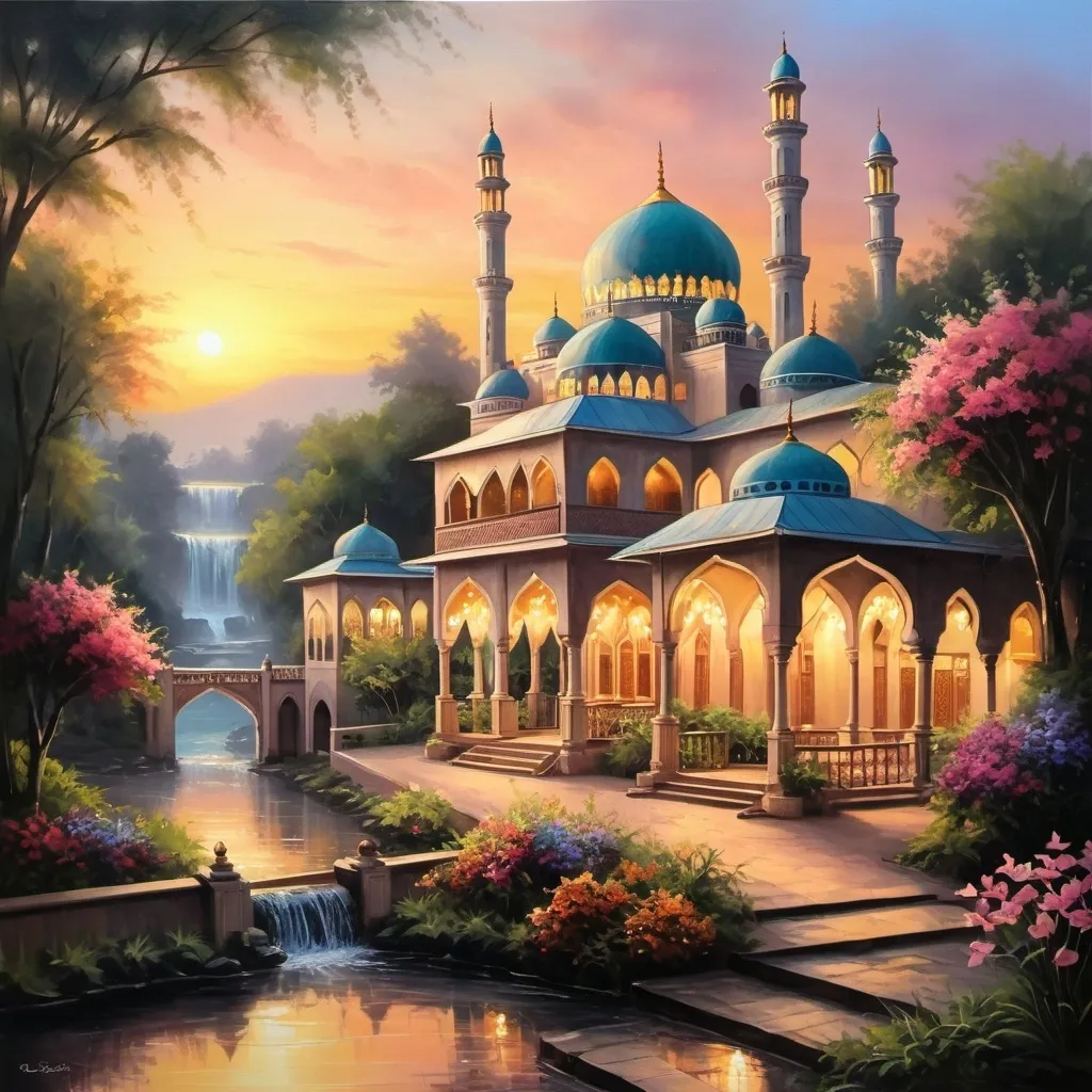 Prompt: beautiful light up multi storey mosque, with gazebos,floral gates, beautiful light up garden,creeks,waterfall,beautiful dawn sky,oil painting