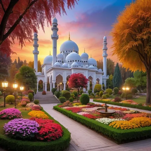 Prompt: autumn surrounding,beautiful colorful light up two big mosques with many white domes,lofty minarets,beautiful garden of colorful flowers,beautiful colorful light in garden,rivers,big waterfall,fountain,greenery,floral gates,pavilions, beautiful twilight sky,gazebo,garden lantern,light up color light garden,light up garden,monet style