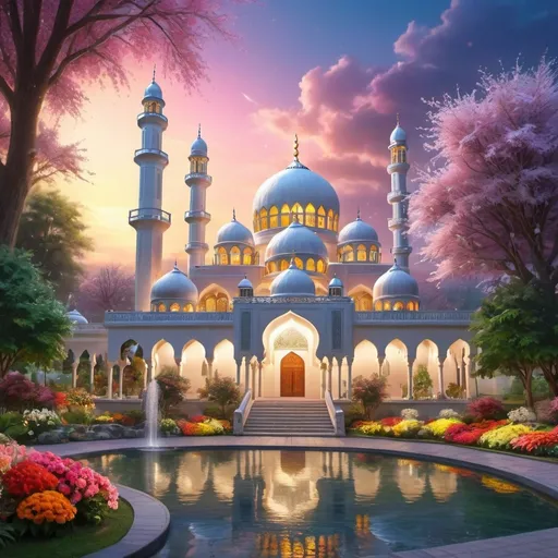 Prompt: heavy snow fall,beautiful colorful light up big mosque with many silver domes,beautiful garden of colorful flowers,beautiful colorful light in garden,creeks,big waterfall,fountain,greenery, beautiful evening sky,gazebo,garden lantern,light up color light garden,realistic rendering,light up garden
