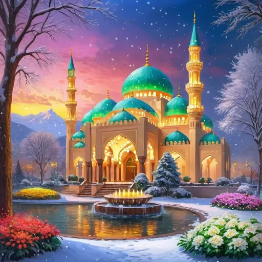 Prompt: heavy snowfall,beautiful colorful light up two big mosques with many diamond domes,lofty minarets,beautiful garden of colorful flowers,beautiful colorful light in garden,rivers,big waterfall,fountain,greenery, beautiful evening sky,gazebo,garden lantern,light up color light garden,realistic rendering,light up garden,van gogh style