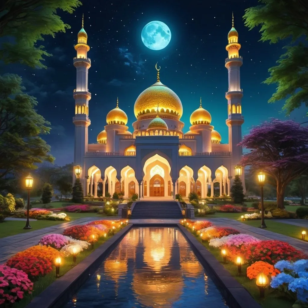 Prompt: beautiful colorful light up big mosque with many golden domes,beautiful garden of colorful flowers,beautiful colorful light in garden,creeks,big waterfall,fountain,greenery, beautiful dark night sky,gazebo,garden lantern,light up color light garden,realistic rendering,light up garden