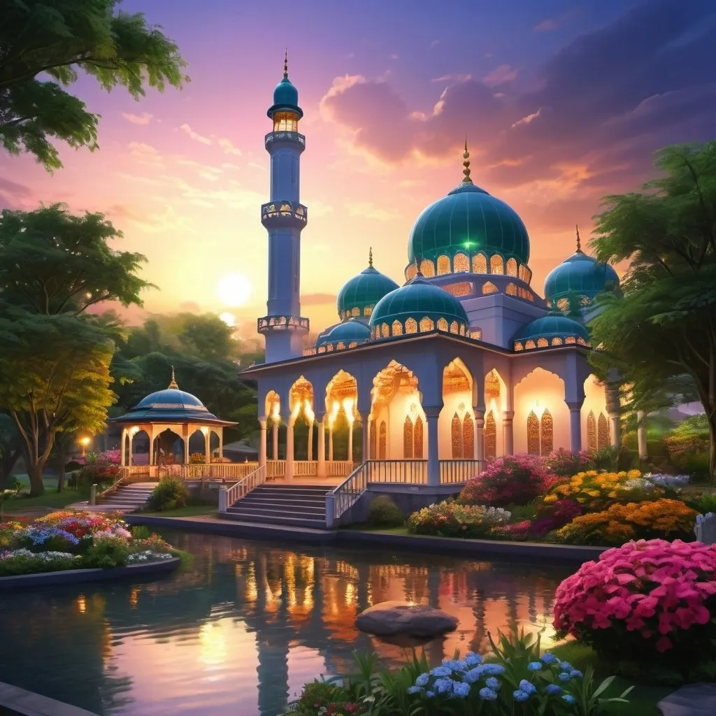 Prompt: beautiful light up big mosque with beautiful garden of colorful flowers,creeks,waterfall,greenery, beautiful evening sky,gazebo,garden lantern,light up color light garden,realistic rendering