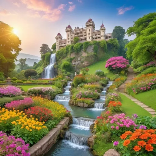 Prompt: two beautiful palaces and castles in beautiful garden of colourful flowers, with creeks flowing,small water fall, beautiful morning sky,lush greenery,on a hill top