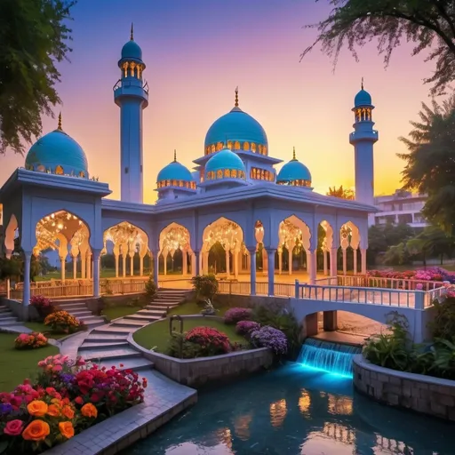 Prompt: beautiful light up multi storey mosque, with gazebos,floral gates, colorful flowers,beautiful light up garden,creeks,waterfall,beautiful dawn sky