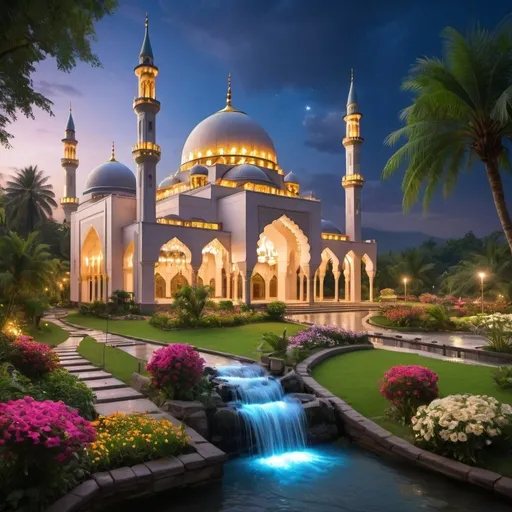 Prompt: beautiful light up mosque with gardens of beautiful flower, creeks, waterfall,greenery,beautiful evening sky