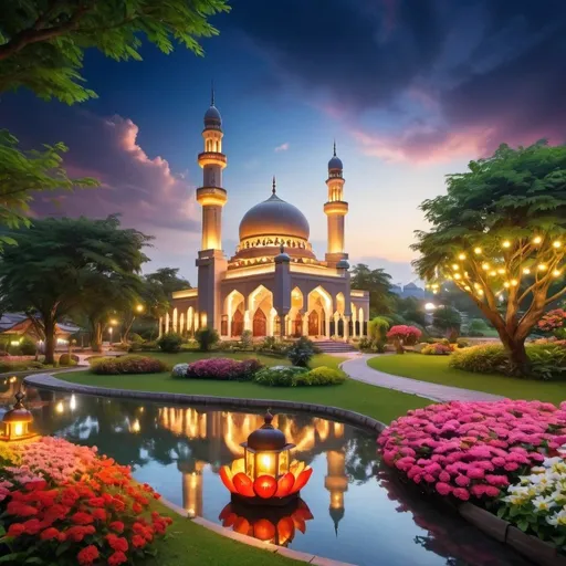 Prompt: beautiful light up big mosque with beautiful garden of colorful flowers,creeks,waterfall,greenery, beautiful evening sky,gazebo,garden lantern