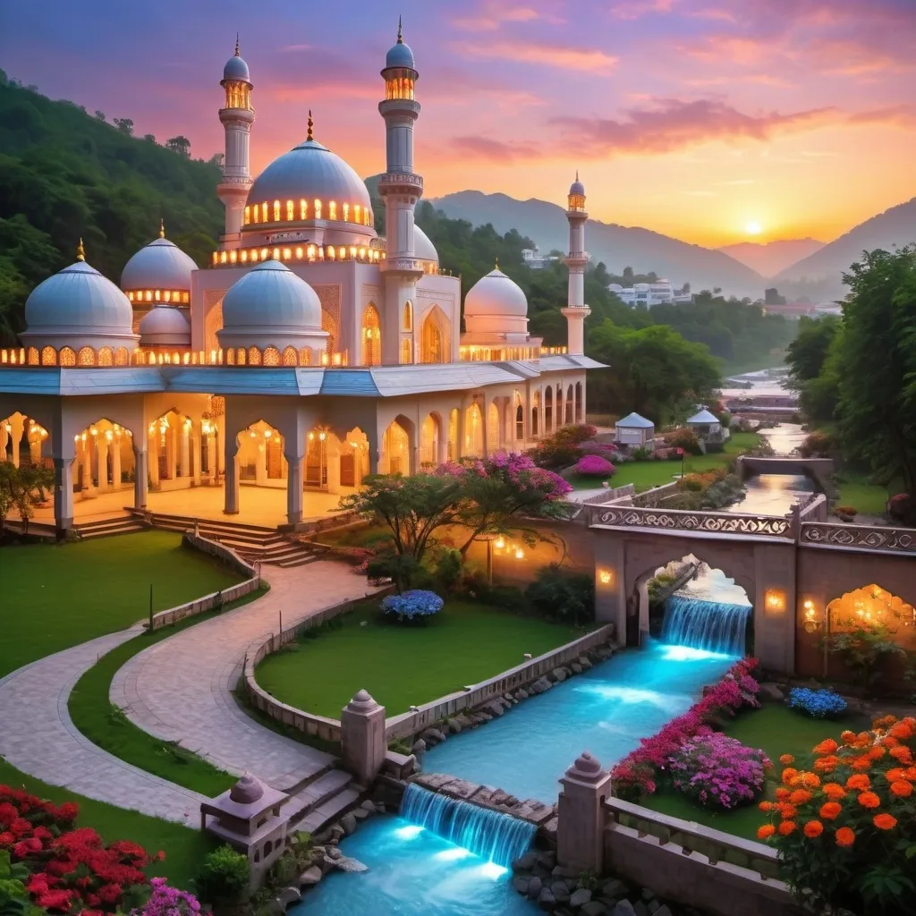 Prompt: beautiful light up multi storey mosque, with gazebos,floral gates, colorful flowers,beautiful light up garden,creeks,waterfall,hill,beautiful dawn sky