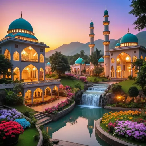 Prompt: beautiful light up multi storey mosque, with gazebos,floral gates, colorful flowers,beautiful light up garden,creeks,waterfall,hill,beautiful dawn sky