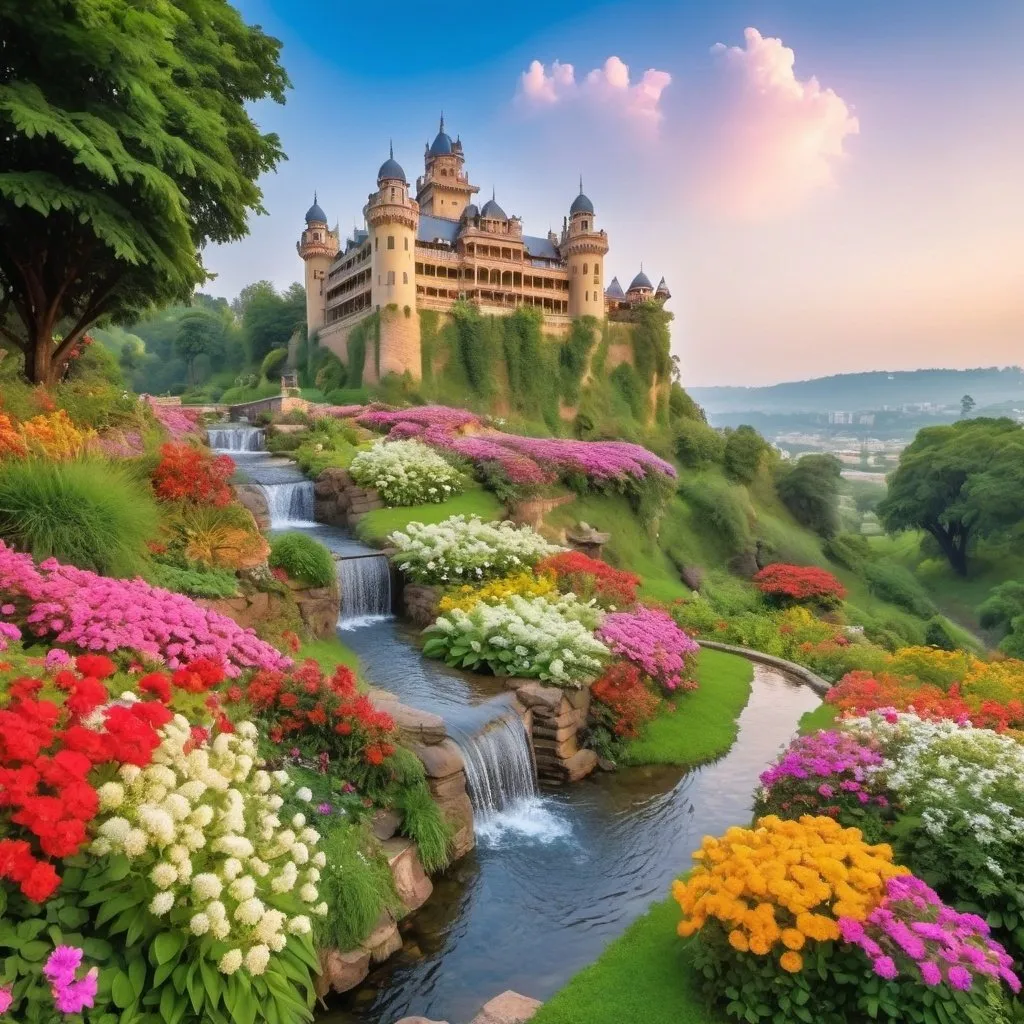 Prompt: two beautiful palaces and castles covered with flowers, in beautiful garden of colourful flowers, with creeks flowing,small water fall, beautiful morning sky,lush greenery,on a hill top