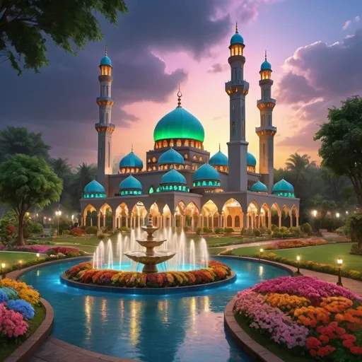 Prompt: heavy rain,beautiful colorful light up two big mosques with many colourful domes,lofty minarets,beautiful garden of colorful flowers,beautiful colorful light in garden,rivers,big waterfall,fountain,greenery, beautiful evening sky,gazebo,garden lantern,light up color light garden,realistic rendering,light up garden