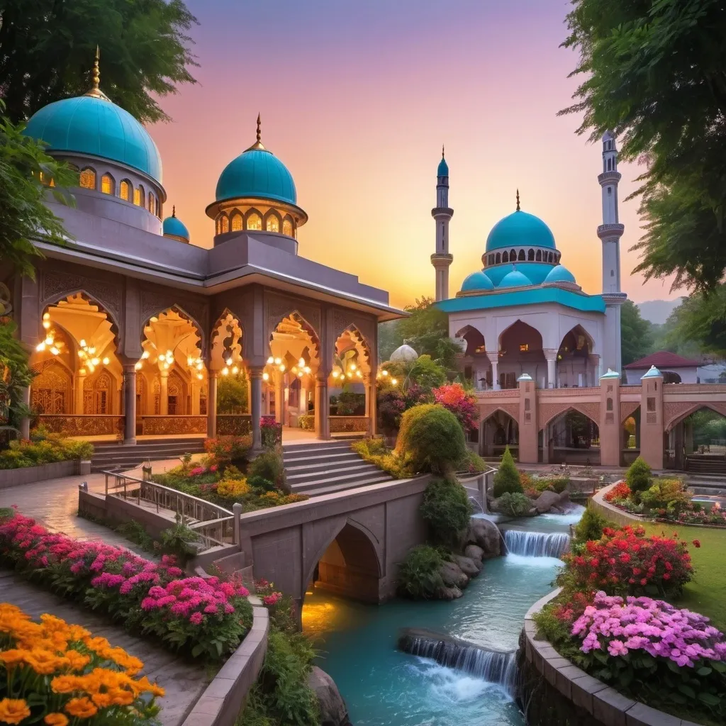 Prompt: beautiful light up multi storey mosque, with gazebos,floral gates, colorful flowers,beautiful light up garden,creeks,waterfall,hill,beautiful dawn sky