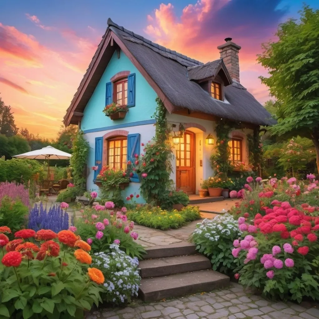 Prompt: a  beautiful colorful garden cottage with flowers in the evening beautiful sky