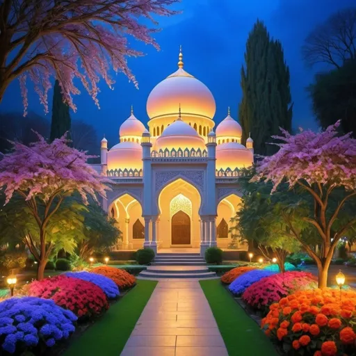 Prompt: light up garden,beautiful colorful light up  big majestic multi storey mosques with many blue tiles domes,lofty minarets,beautiful garden of colorful flowers,beautiful colorful light in garden,rivers,big waterfall,fountain,greenery,floral gates,pavilions,beautiful mountain, beautiful dawn sky,gazebo,garden lantern,light up color light garden,light up garden,monet style,oil painting,snow falling