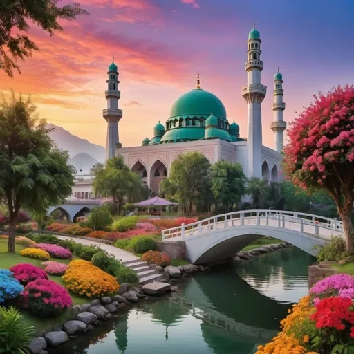Prompt: beautiful mosque with colourful beautiful garden and flowers,bridge,and rivers in colourful dawn beautiful sky,beautiful mountain