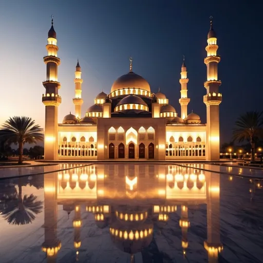 Prompt: beautiful light up big mosque with beautiful landscape