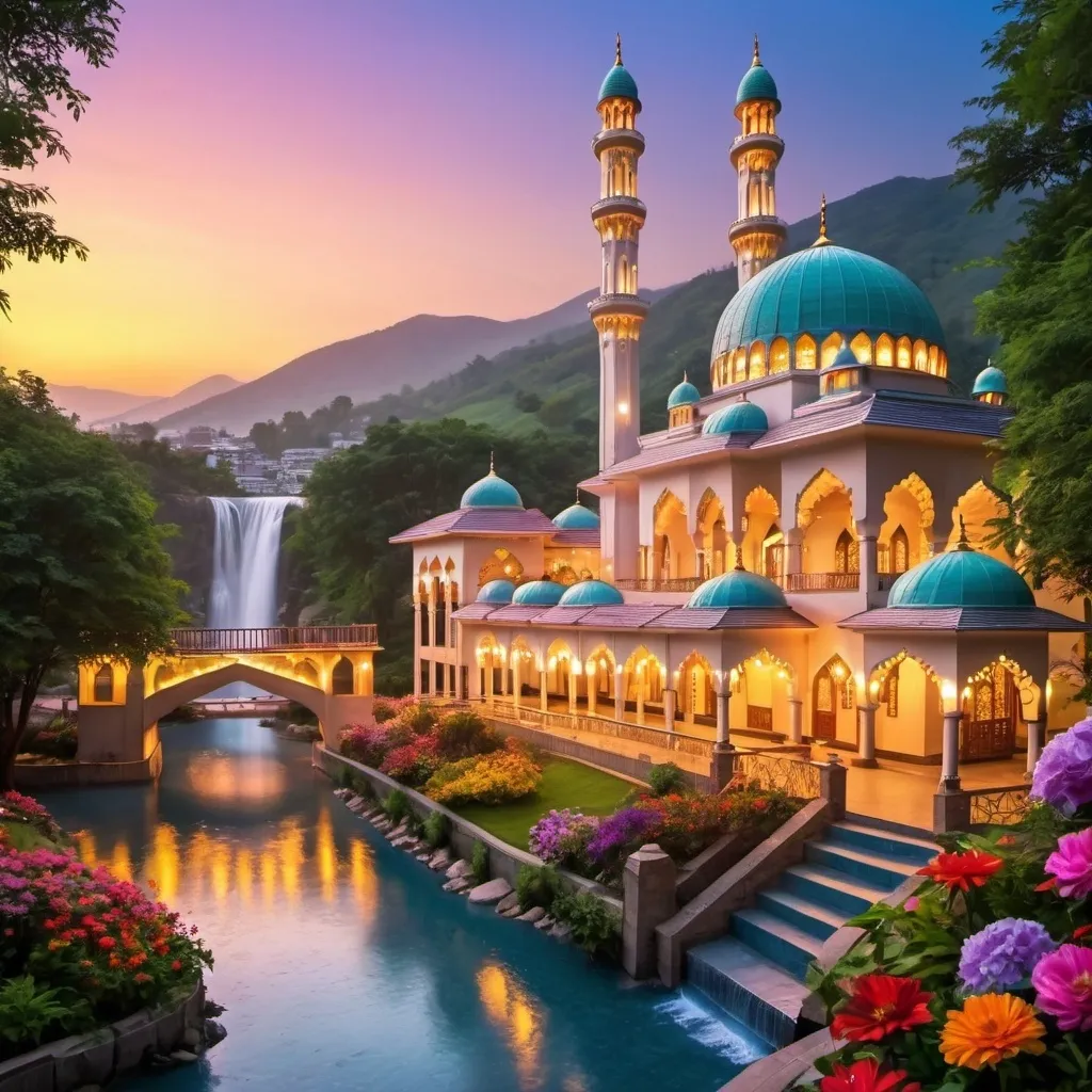 Prompt: beautiful light up multi storey mosque, with gazebos,floral gates, colorful flowers,beautiful light up garden,creeks,waterfall,hill,beautiful dawn sky