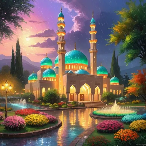 Prompt: heavy rain,beautiful colorful light up two big mosques with many pearl domes,lofty minarets,beautiful garden of colorful flowers,beautiful colorful light in garden,rivers,big waterfall,fountain,greenery, beautiful evening sky,gazebo,garden lantern,light up color light garden,realistic rendering,light up garden,van gogh style