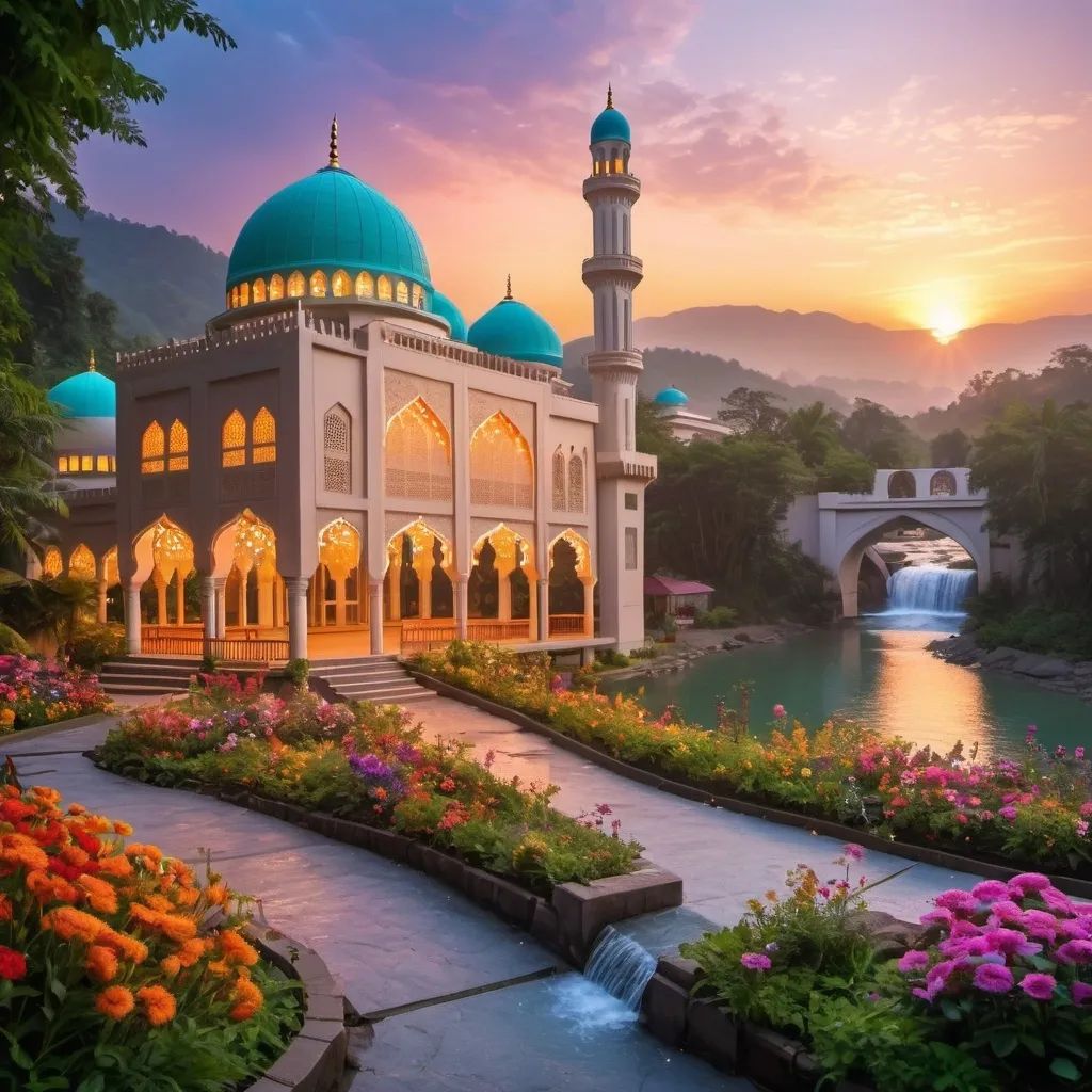 Prompt: beautiful light up multi storey mosque, with gazebos,floral gates, colorful flowers,beautiful light up garden,creeks,waterfall,hill,beautiful dawn sky