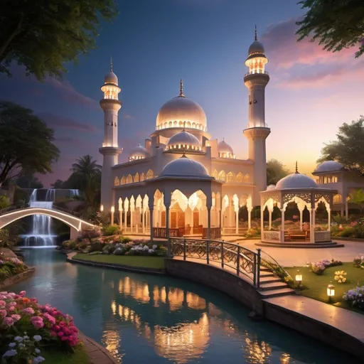 Prompt: beautiful light up multi storey mosque, with gazebos,floral gates, beautiful light up garden,creeks,waterfall,beautiful dawn sky