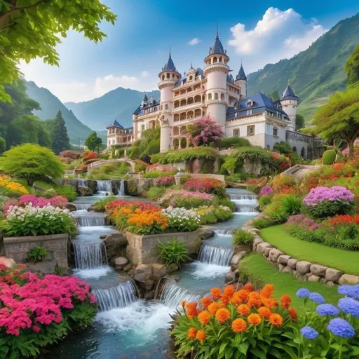 Prompt: two beautiful palaces and castles in beautiful garden of colourful flowers, with creeks flowing,small water fall, beautiful morning sky,lush greenery,beautiful mountain