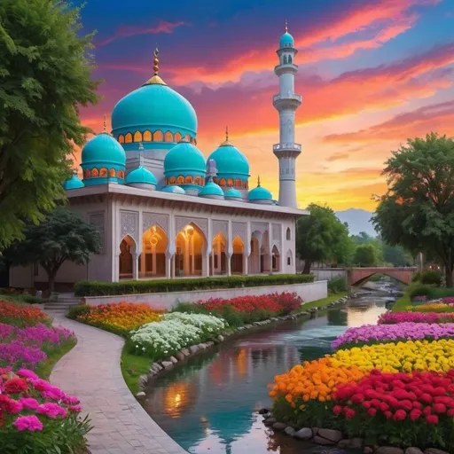 Prompt: a  beautiful colorful garden mosque with colourful flowers in the evening beautiful sky with rivers flowing