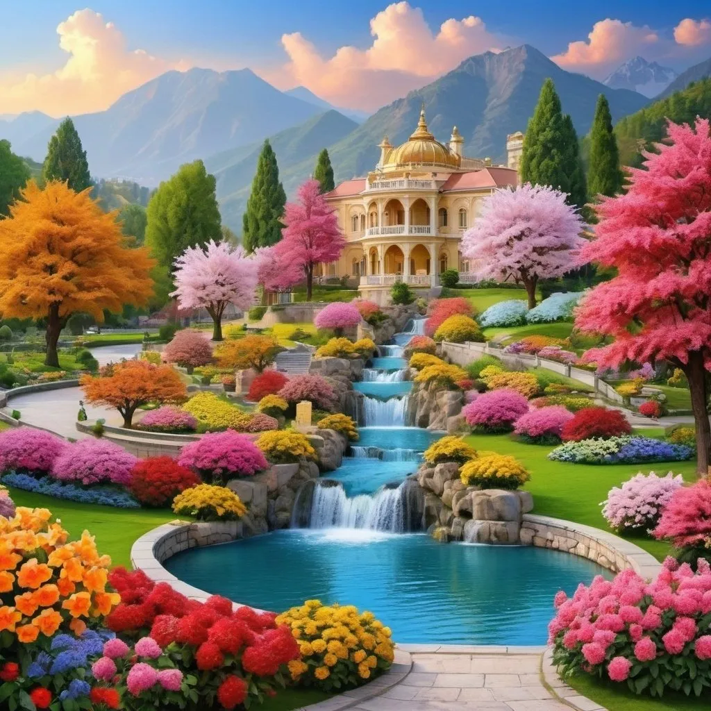 Prompt: beautiful gardens with colourful flowers, rivers of milk, beautiful mountain, beautiful palaces of gold, big palaces of pearl,beautiful evening sky, beautiful trees, fruit trees, beautiful water fall, 