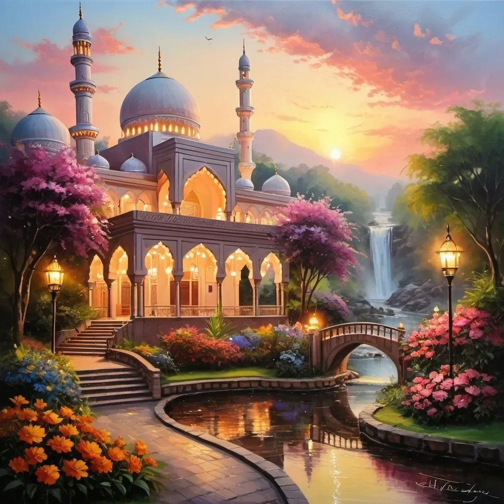 Prompt: beautiful light up multi storey mosque, with gazebos,floral gates, beautiful light up garden,colourful flowers,creeks,waterfall,beautiful dawn sky,oil painting