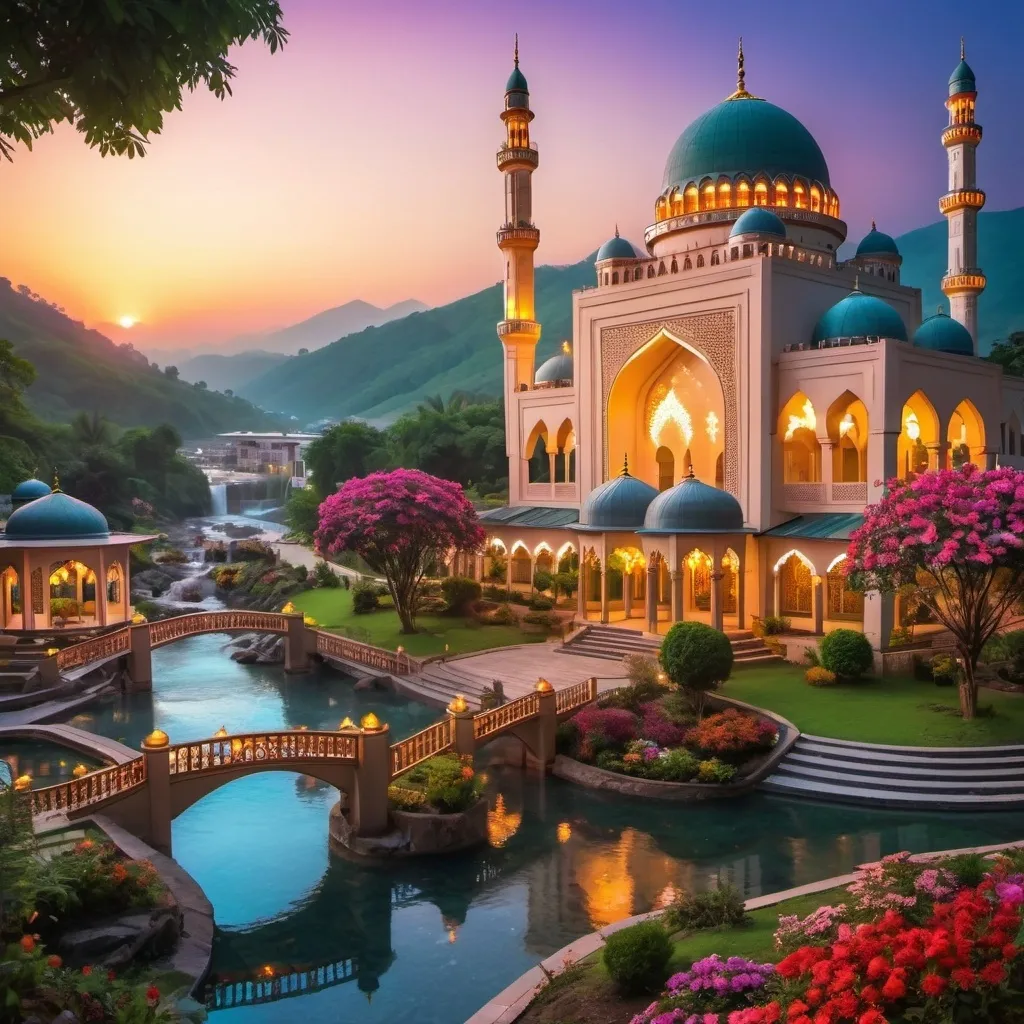 Prompt: beautiful light up multi storey mosque, with gazebos,floral gates, colorful flowers,beautiful light up garden,creeks,waterfall,hill,beautiful dawn sky