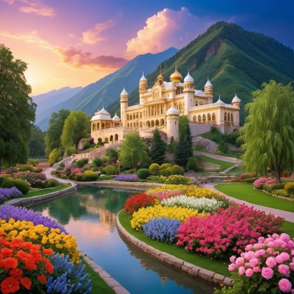 Prompt: beautiful gardens with colourful flowers, rivers of milk, beautiful mountain, beautiful palace of gold, beautiful evening sky, beautiful trees