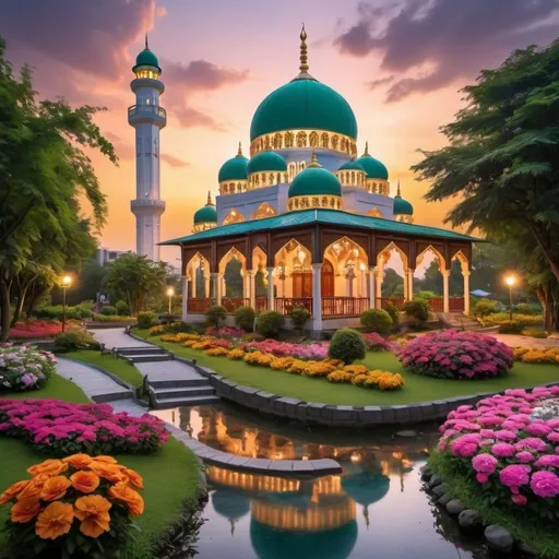 Prompt: beautiful light up big mosque with beautiful garden of colorful flowers,creeks,waterfall,greenery, beautiful evening sky,gazebo,garden lantern