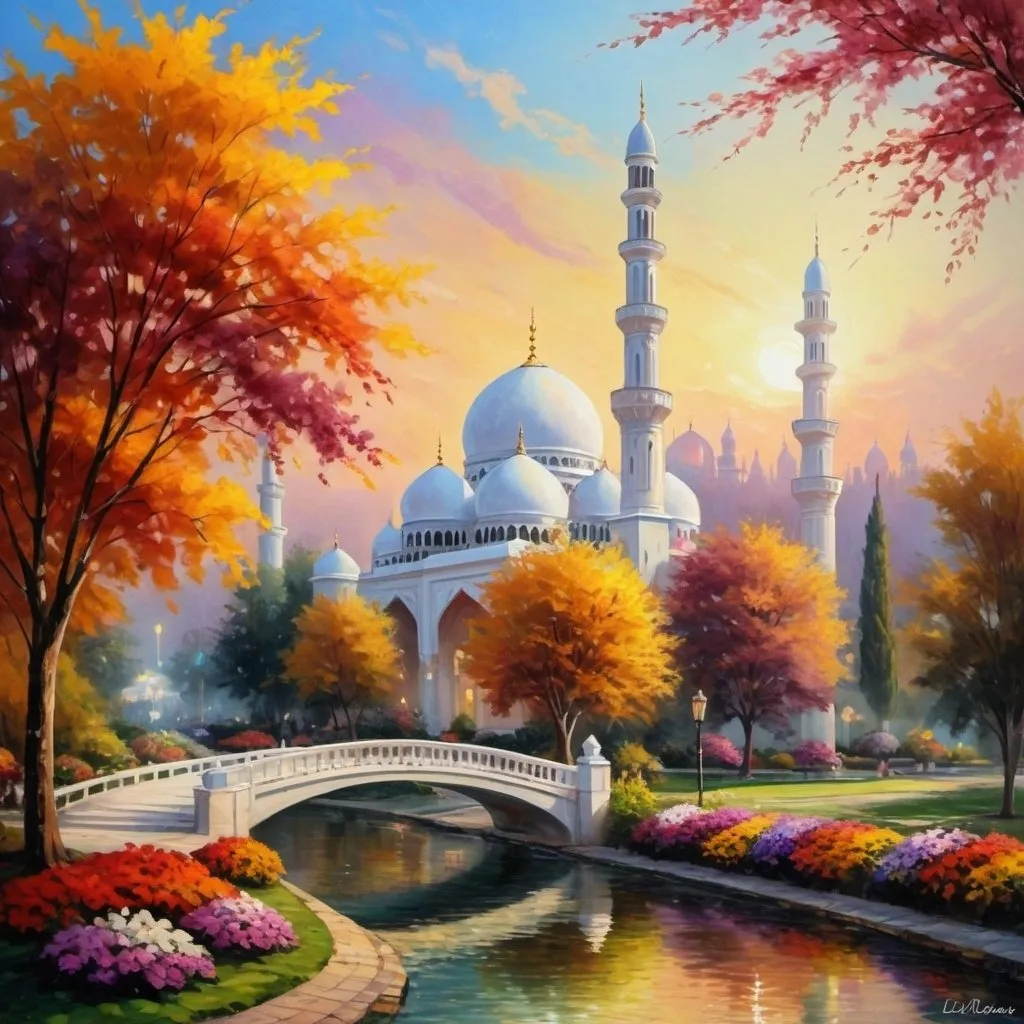 Prompt: autumn surrounding,beautiful colorful light up two big mosques with many white domes,lofty minarets,beautiful garden of colorful flowers,beautiful colorful light in garden,rivers,big waterfall,fountain,greenery,floral gates,pavilions, beautiful twilight sky,gazebo,garden lantern,light up color light garden,light up garden,monet style,oil painting