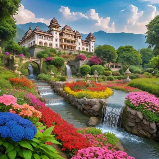 Prompt: two beautiful palaces and castles in beautiful garden of colourful flowers, with creeks flowing,small water fall, beautiful morning sky,lush greenery,beautiful mountain,rain
