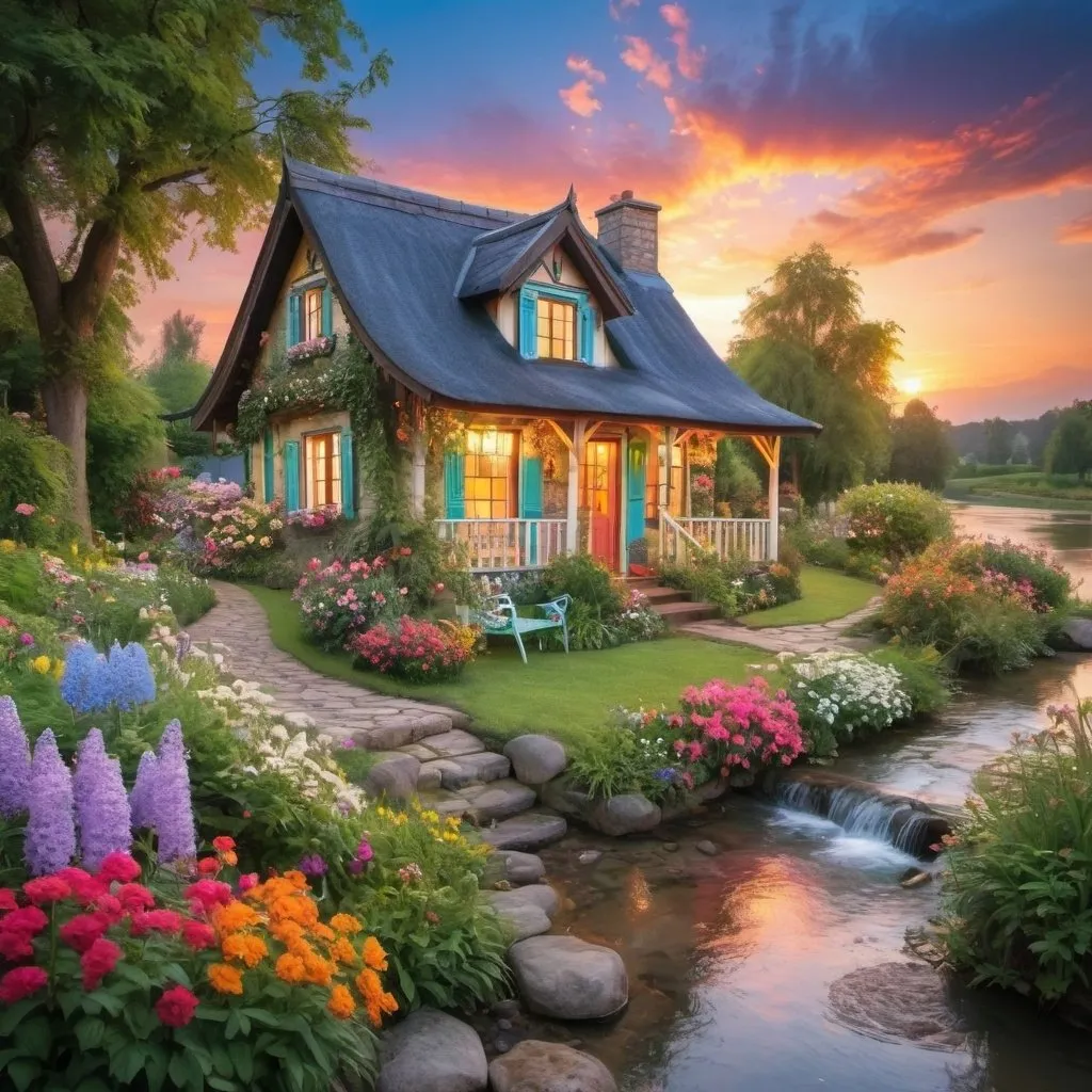 Prompt: a  beautiful colorful garden cottage with flowers in the evening beautiful sky with rivers flowing