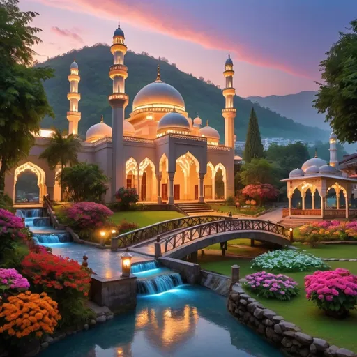 Prompt: beautiful light up multi storey mosque, with gazebos,floral gates, colorful flowers,beautiful light up garden,creeks,waterfall,hill,beautiful dawn sky