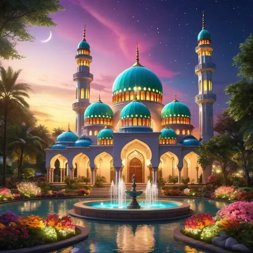 Prompt: beautiful colorful light up big mosque with many domes,beautiful garden of colorful flowers,beautiful colorful light in garden,creeks,big waterfall,fountain,greenery, beautiful night sky,gazebo,garden lantern,light up color light garden,realistic rendering,light up garden