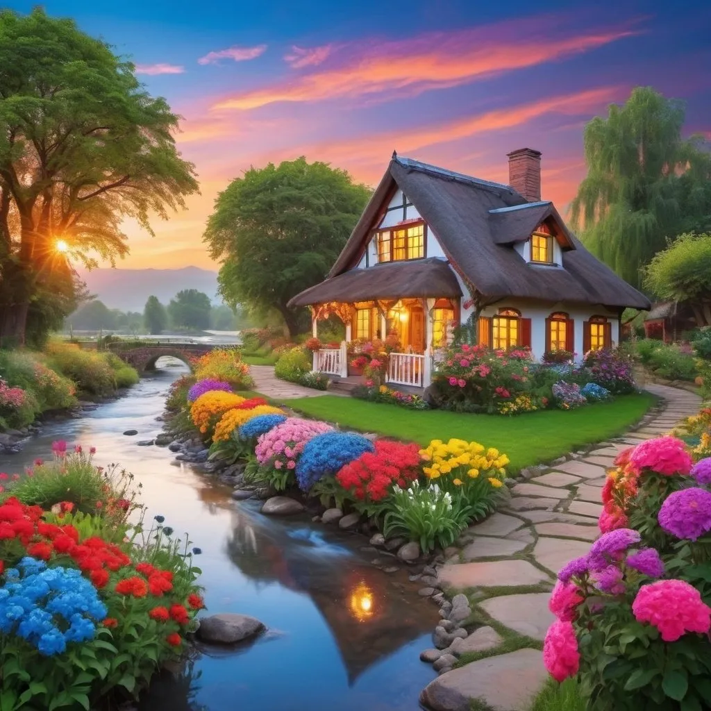 Prompt: a  beautiful colorful garden cottage with colourful flowers in the evening beautiful sky with rivers flowing