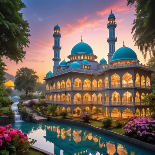 Prompt: beautiful light up multi storey mosque, with gazebos,floral gates, colorful flowers,beautiful light up garden,creeks,waterfall,beautiful dawn sky