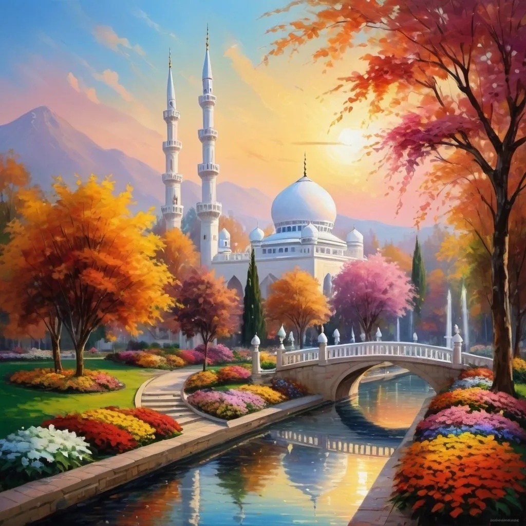 Prompt: autumn surrounding,beautiful colorful light up two big mosques with many white domes,lofty minarets,beautiful garden of colorful flowers,beautiful colorful light in garden,rivers,big waterfall,fountain,greenery,floral gates,pavilions, beautiful twilight sky,gazebo,garden lantern,light up color light garden,light up garden,monet style,oil painting