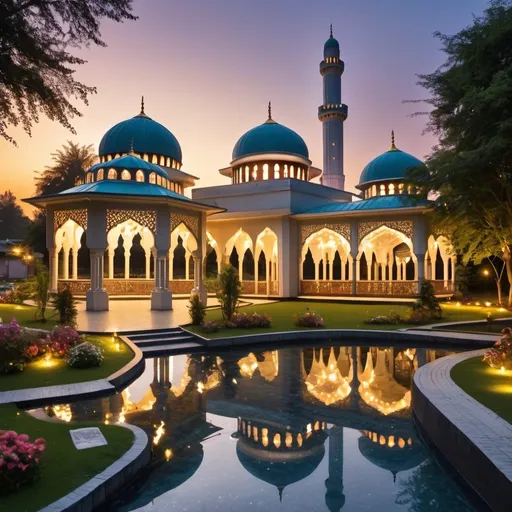 Prompt: beautiful light up multi storey mosque, with gazebos,floral gates, beautiful light up garden,creeks,waterfall,beautiful evening sky