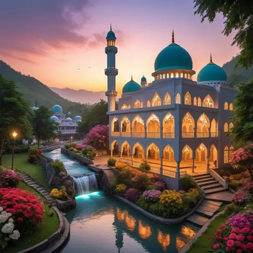 Prompt: beautiful light up multi storey mosque, with gazebos,floral gates, colorful flowers,beautiful light up garden,creeks,waterfall,hill,beautiful dawn sky