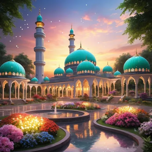 Prompt: snow fall,beautiful colorful light up big mosque with many glass domes,beautiful garden of colorful flowers,beautiful colorful light in garden,creeks,big waterfall,fountain,greenery, beautiful evening sky,gazebo,garden lantern,light up color light garden,realistic rendering,light up garden