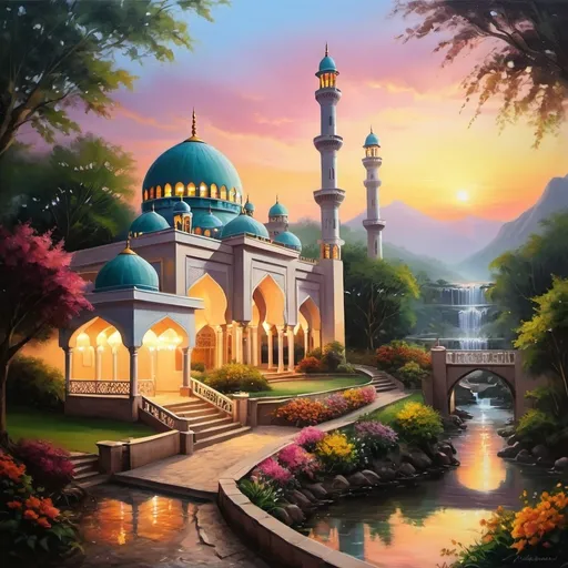 Prompt: beautiful light up multi storey mosque, with gazebos,floral gates, beautiful light up garden,creeks,waterfall,colourful backdrop,hilltop,beautiful dawn sky,oil painting