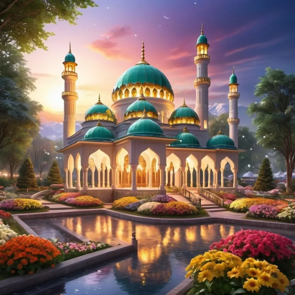 Prompt: snowy,winter,beautiful colorful light up big mosque with many golden domes,beautiful garden of colorful flowers,beautiful colorful light in garden,creeks,big waterfall,fountain,greenery, beautiful evening sky,gazebo,garden lantern,light up color light garden,realistic rendering,light up garden