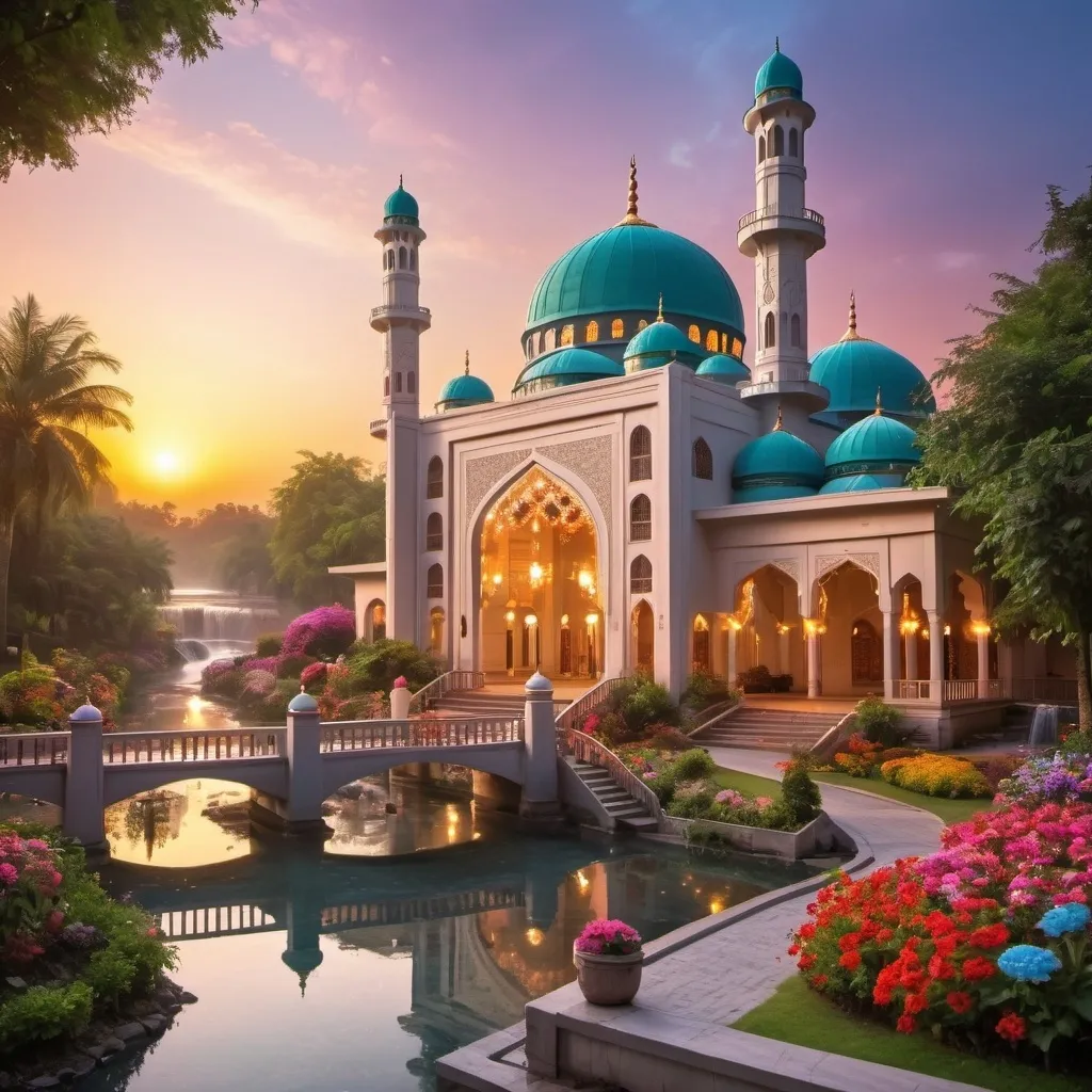 Prompt: beautiful light up multi storey mosque, with gazebos,floral gates, colorful flowers,beautiful light up garden,creeks,waterfall,beautiful dawn sky