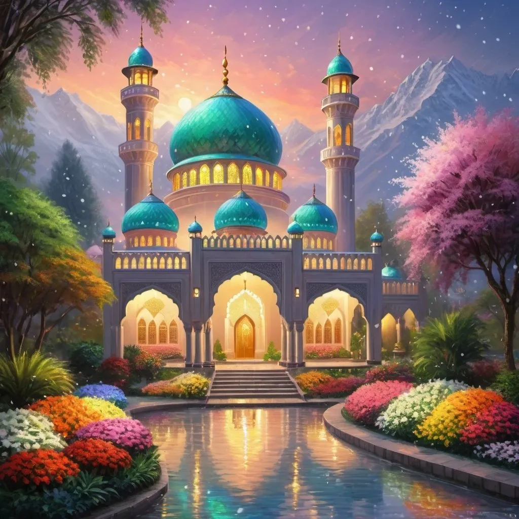 Prompt: heavy snowfall,beautiful colorful light up two big mosques with many diamond domes,lofty minarets,beautiful garden of colorful flowers,beautiful colorful light in garden,rivers,big waterfall,fountain,greenery, beautiful evening sky,gazebo,garden lantern,light up color light garden,realistic rendering,light up garden,monet style