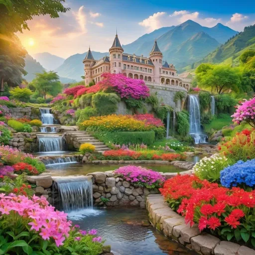 Prompt: beautiful palaces and castles in beautiful garden of colourful flowers, with creeks flowing,small water fall, beautiful morning sky,lush greenery,beautiful mountain