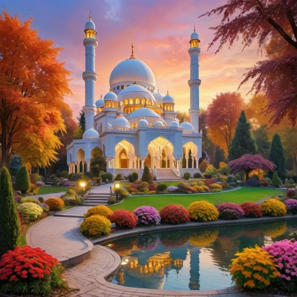 Prompt: autumn surrounding,beautiful colorful light up two big mosques with many white domes,lofty minarets,beautiful garden of colorful flowers,beautiful colorful light in garden,rivers,big waterfall,fountain,greenery,floral gates,pavilions, beautiful twilight sky,gazebo,garden lantern,light up color light garden,light up garden,monet style